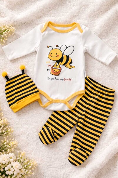 Tenra 3 Piece Baby Snap-On Bodysuit Set 100% Cotton Honey Bee Patterned 0-6 M...