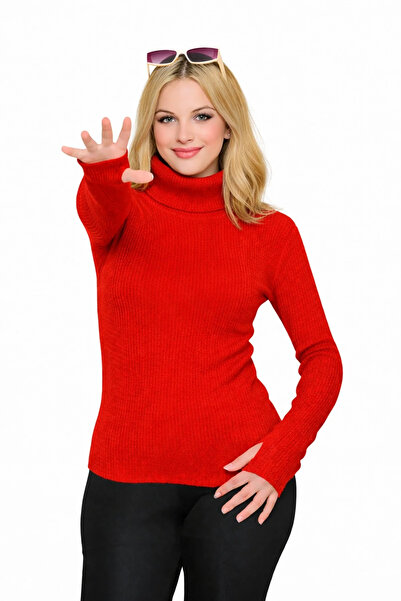 bysoca Women's Red Turtleneck Fingerless Long Sleeve Ribbed Stretchy Knitwear...