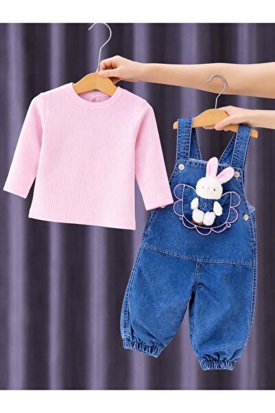 bebe kervanı Kız Bebek %100 Pamuklu Pembe Tavşan Oyuncaklı Slopet Kot Tulum S...