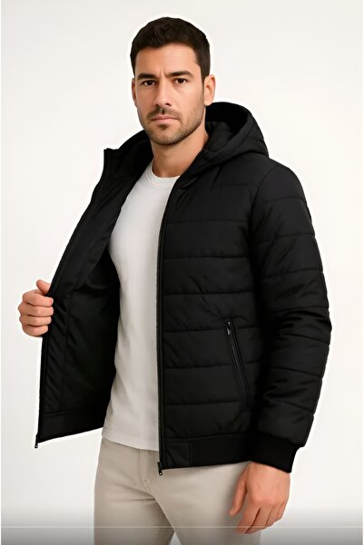 Butik Erkek Şişme Kapüşonlu Fermuarlı Mont Su İtici Astarlı Kumaş Cepli Kışlık