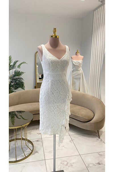 Mergen MİDİ BEYAZ ABİYE ELBİSE