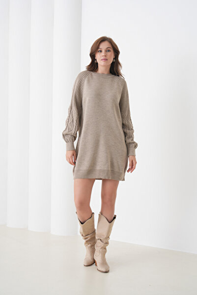 loia Women's Crew Neck Long Sleeve Knitwear Mini Dress Relaxed Fit Loi̇26-Pkn...