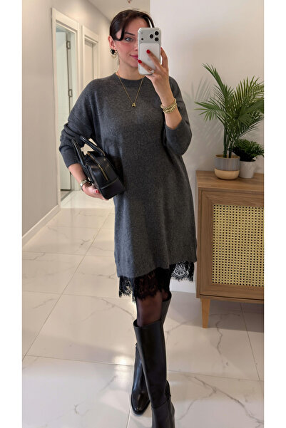 My Blog Anthracite Knitwear Dress with Lace Detail at the Hem - 251008