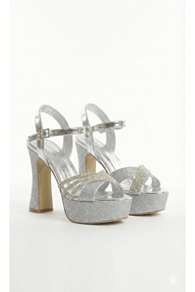 Miss Mitto Women's Silver Glitter High Platform Thick Heeled Stylish 3-Row St...