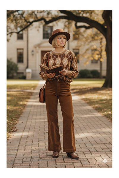 Namaste Vintage Brown-Camel Baklava Patterned Knitwear Sweater