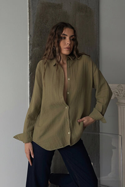 Lusin Γυναικείο πουκάμισο από ύφασμα χακί μουσελίνας υψηλής ποιότητας