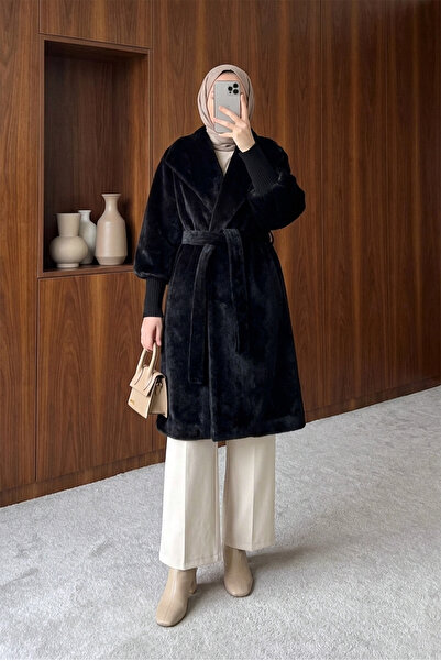 MODAQU Ribbed Lined Cashmere Coat - Black