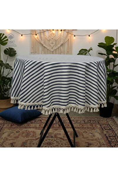 DNC home tekstil مفرش طاولة دائري من الكتان الأزرق المخطط مع كرات بوم بوم