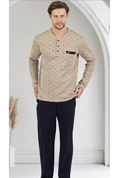 Erse 100% Cotton Interlock Men's Pajama Set Beige-Navy Blue