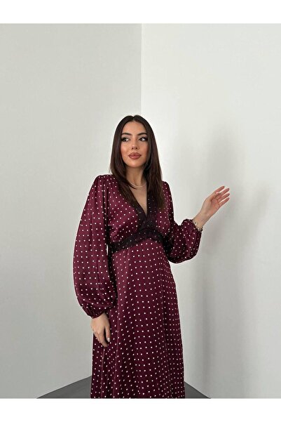 Ekim Store Polka Dot V-Neck Ruched Maxi Dress