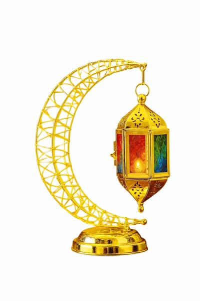 Saudi Arabia Ramadan Gold Metal Crescent Moon Table Lamp with Hanging Lantern