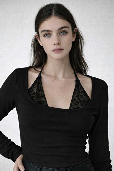 lobivia Siyah Bağlamalı Dantelli Uzun Kollu Bluz %95 Pamuklu Body