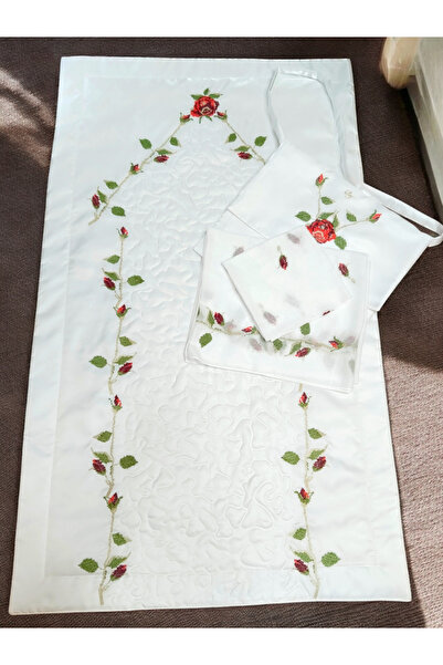BAŞ TASARIM Kaneviçe Kırmızı Gül İşlemeli Umre Seti