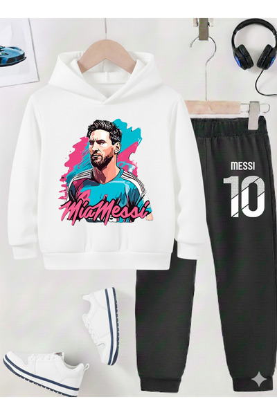stil x Момчешки спортен екип с принт на Меси, 3-нишка шерпа плат