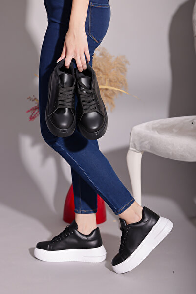 ermin High-Sole Women's Black-White Lace-Up Sports Shoes Casual Sneakers