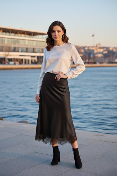 Lovely butik Vintage Style Lace Trim A-Line Midi Length Silk Mixed Fine Satin...