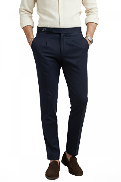 DeepSEA Men's Navy Blue Lycra Italian Cut Pleated Belt Buckle Stylish Fabric ...