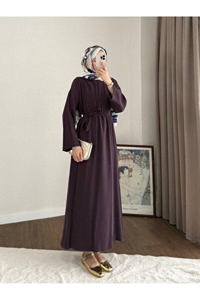 RFK Butik Kadın Belden Kuşaklı Tensel Elbise - Bordo