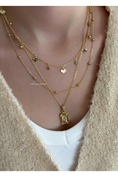aksesuaris 3-Piece Gold Chain Heart and Zircon Stone Detail Women's Necklace