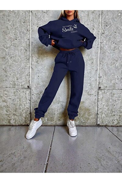 tkn your style Women's Bottom Top Set Smile Fashion Print Design Trendy Hoode...