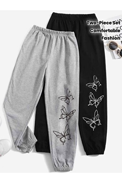 ship master Unisex Double Butterfly Printed Jogger Sweatpants Set – Black & G...
