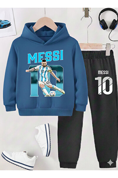 stil x Момчешки спортен екип с принт на Меси, 3-нишка шерпа плат
