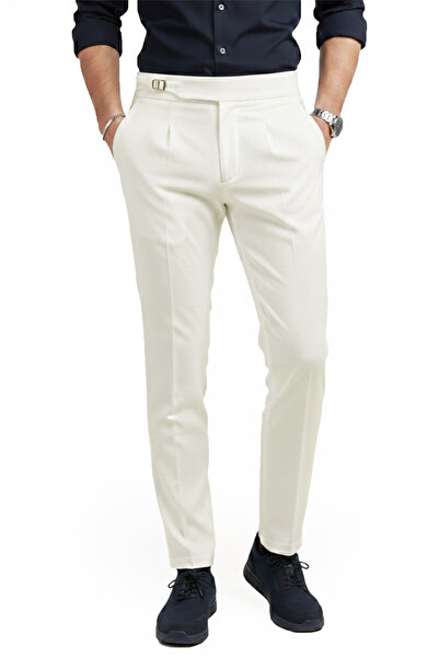 DeepSEA Men's White Lycra Italian Cut Pleated Belt Buckle Stylish Fabric Trou...