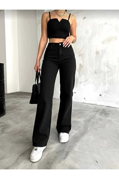 MAKRAS EXCLUSIVE Palazzo Black Colorfast High Waist Flexible Wide Leg Jeans