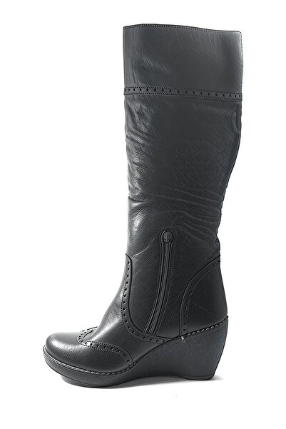 Onlo Ayakkabı Lz.79 Genuine Leather Black Padded High Heeled Women's Boots
