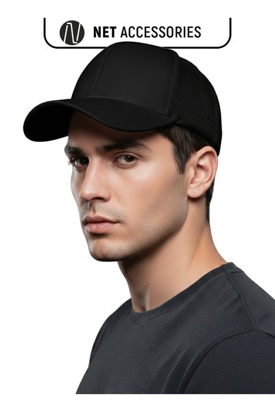 Net Tekstil Șapcă sport unisex cu plasă, cu închidere snapback reglabilă, negru