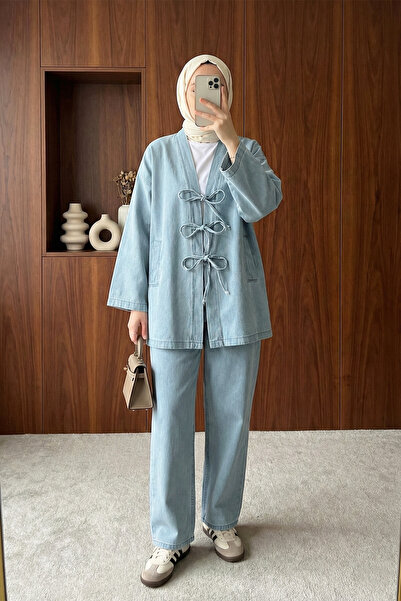 MODAQU Tie-Up Kimono Pants Jeans Set - Light Blue