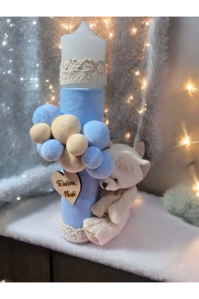 OBSIDION Κερί γενεθλίων αρκουδάκι - ανοιχτό μπλε βελούδινες μπάλες