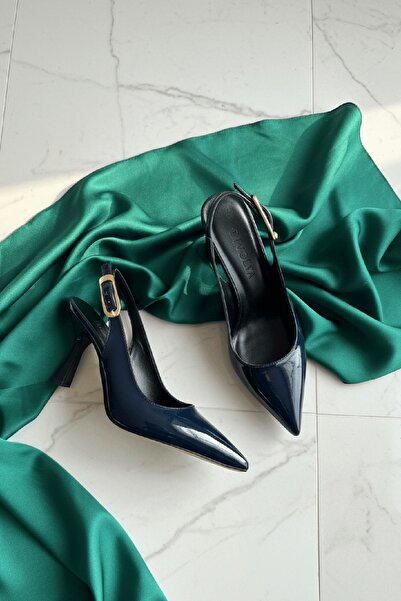 DİVOLYA Voli Navy Blue Patent Leather Side Buckle (8 cm) Pointed Toe Heeled S...