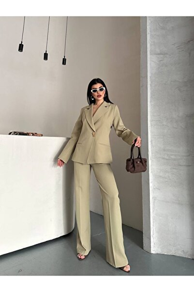 Potenza Women's Two-Piece Top and Bottom Set Stylish Gold Buttoned Blazer Jac...