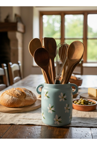 Hoyatap Dekoratif El Yapımı Retro Stil Soft Turkuaz Kulplu Desenli Vazo