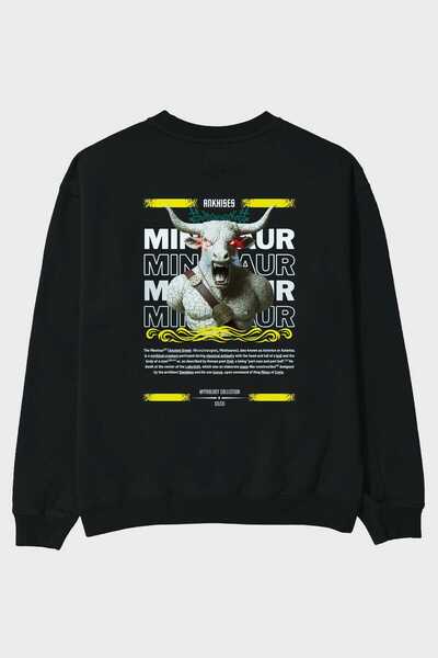 Ankhises Minotaur 2 Mitology Hanorac negru supradimensionat cu imprimeu pe sp...