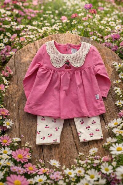 AYLAABEBE Dantel Yaka Pembe Bebek Elbisesi