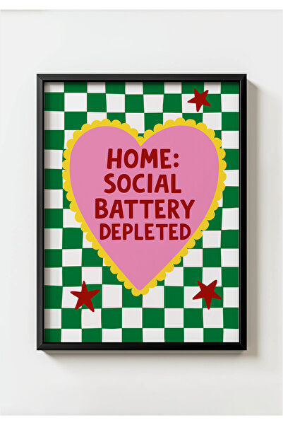 MIOVI WORKS Home: Social Battery Low | Siyah Çerçeveli Salon Home Ev Duvar De...