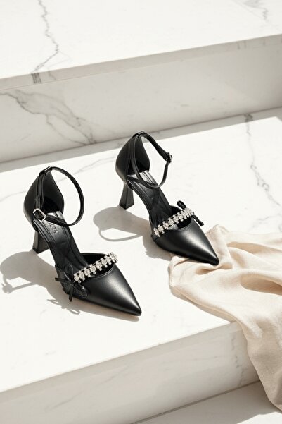 DİVOLYA Jeremy Black Stone Bowknot (8 cm Heel) Pointed Toe Heeled Shoes