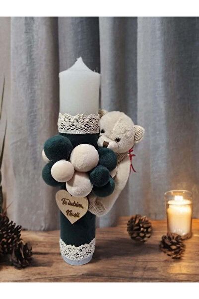 OBSIDION Κερί βαπτιστικού αρκουδάκι - σκούρες πράσινες βελούδινες μπάλες
