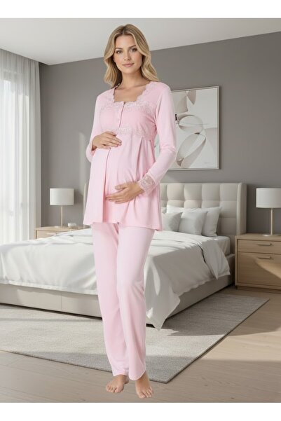 Lohusa Homewear Ženska roza pidžama za trudnice sa dugim rukavima Čipka sa de...