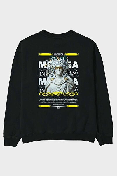 Ankhises سويت شيرت ميدوسا 2 ميتولوجي أسود كبير الحجم مطبوع من الخلف للرجال وا...