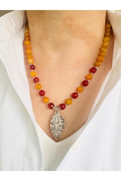 DEVİ fashion Agate Natural Stone Leaf Pendant 50 cm