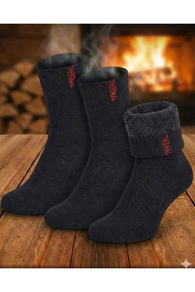 Bilal Çınar Tekstil Thermal Winter Towel Socks with Wool Inside, Unisex, 3-Pa...