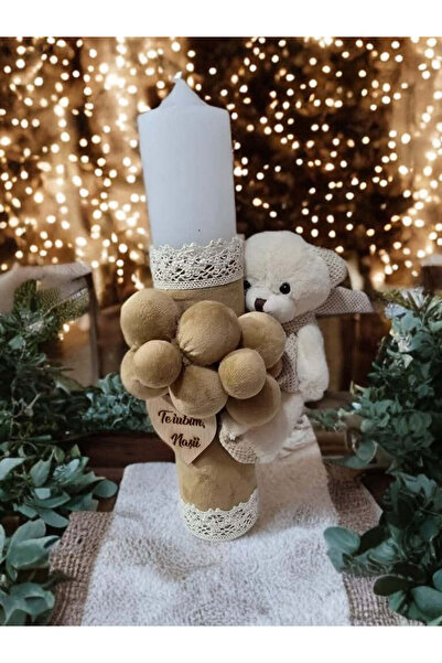 OBSIDION BAPTISM TEDDY BEAR candle - brown velvet balls