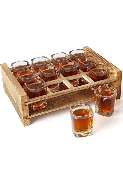 Belle Vous Set of 12 shot glasses, with burnt wooden tray, 60 ml, stand with ...
