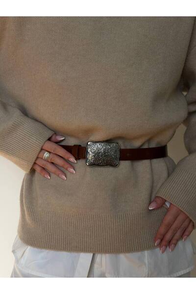 ERDESIGNN Women's Tan Silver Antique Buckle Belt Women's Belt