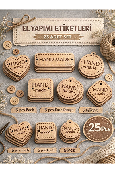 FabricMarket Ahşap El Yapımı Etiket Seti 25 Adet – Handmade, Dikiş, Kumaş, Ça...