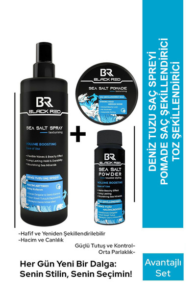 Black Red 3'lü Set Saç Deniz Tuzu Spreyi - Sea Salt Wax Pomade - Toz Şekillen...