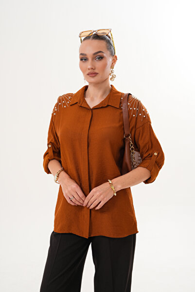 ZENA BY ÇETİN LEVENT Women's Pearl Detailed Casual Loose Fit Shirt